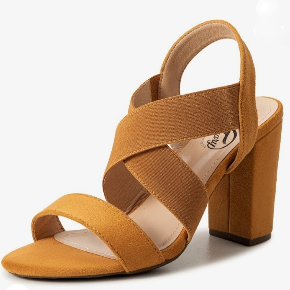 Tan elastic strap heels